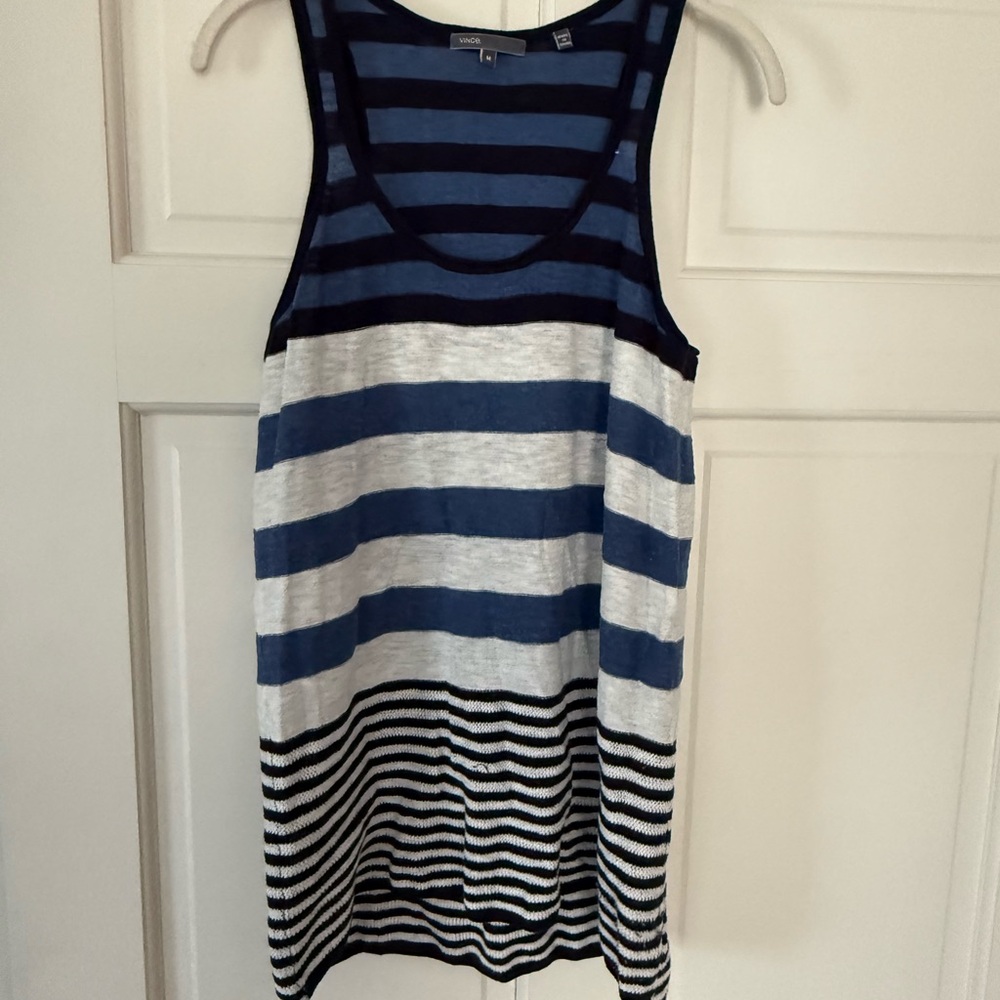 Vince Women's Navy and Light Blue Striped Tank Top Size Medium